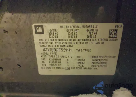 2015 GMC Sierra 1500 Sle из США, поврежденный, VIN 1GTV2UEC7FZ239141